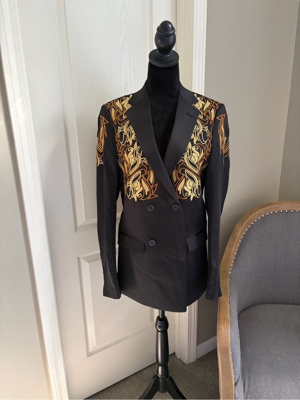 Boohoo Black Double-Breasted Blazer with Gold Embroidered Shoulders